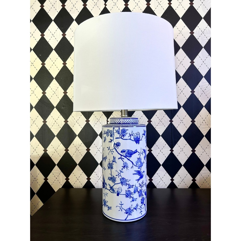 Tall Blue White Chinoiserie Table Lamp Ceramic Bird Floral Ginger Jar 25.5" - Picture 9 of 15